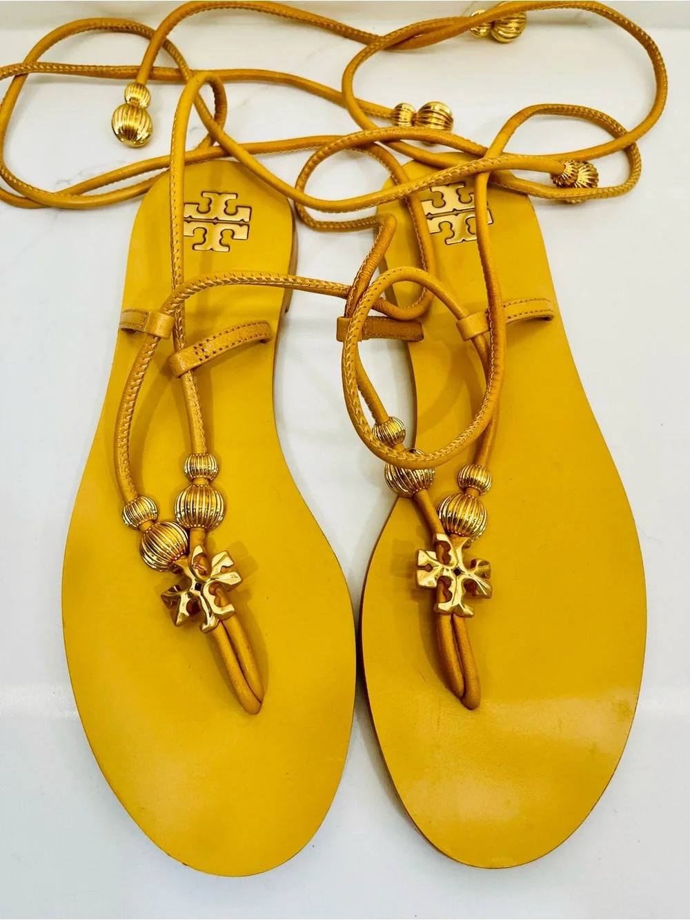 Tory Burch Mustard Yellow Lace-Up Logo Espadrille Sandals